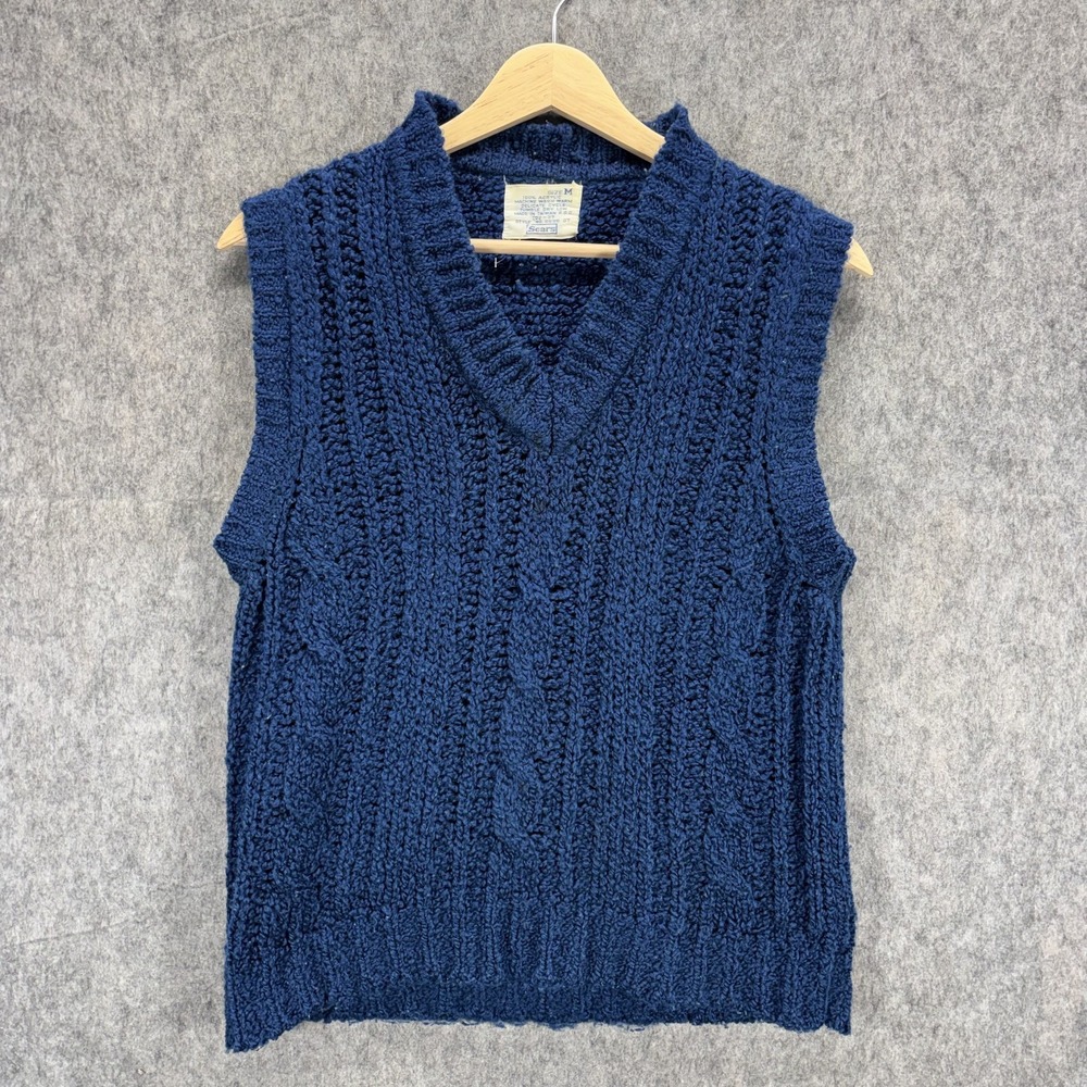 True Vintage Sears 100% Acrylic Knit Sweater Vest 60s‎ 70s Blue V Neck 16 x 24